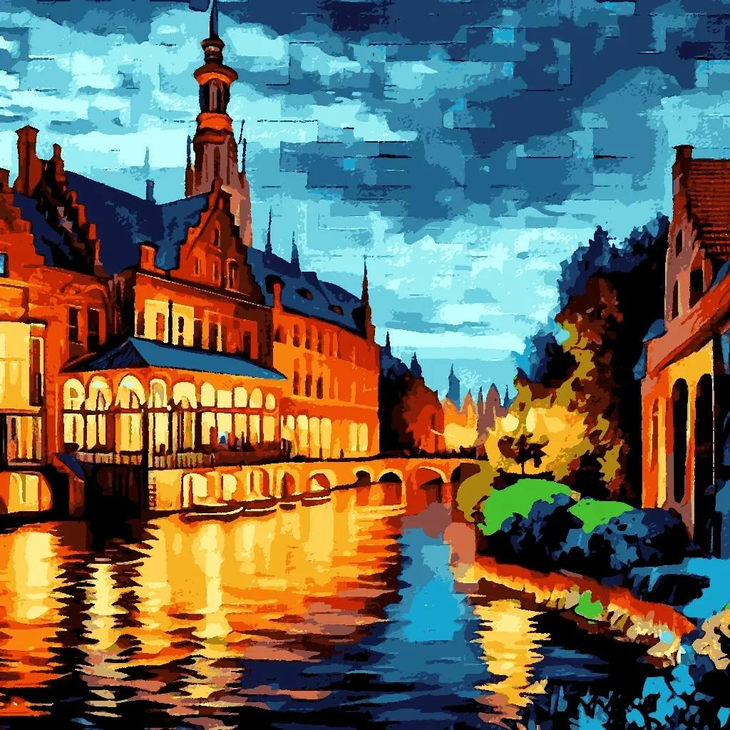 Generic Bruges Canal, Belgium at Night (2) - Van-Go Paint-by-Number Kit 40x40cm DIY Frame