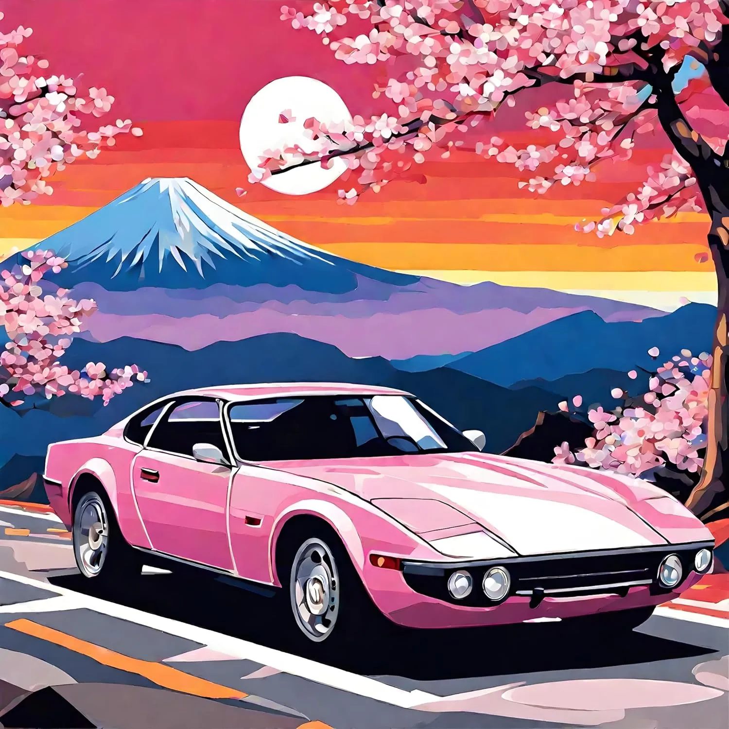 Generic Cherry Blossom Race Car Near Mount Fuji (3) - Van-Go Paint-by-Number Kit 50x50cm DIY Frame