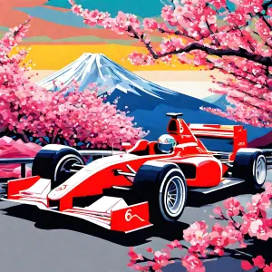 Generic Cherry Blossom Racing Car Near Mount Fuji (2) - Van-Go Paint-by-Number Kit 50x50cm no Frame