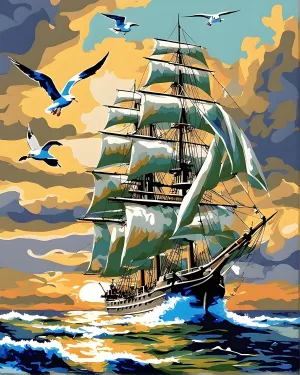 Generic Old Merchant Sailing Ship and Seagulls PD - Van-Go Paint-by-Number Kit 50x65cm DIY Frame