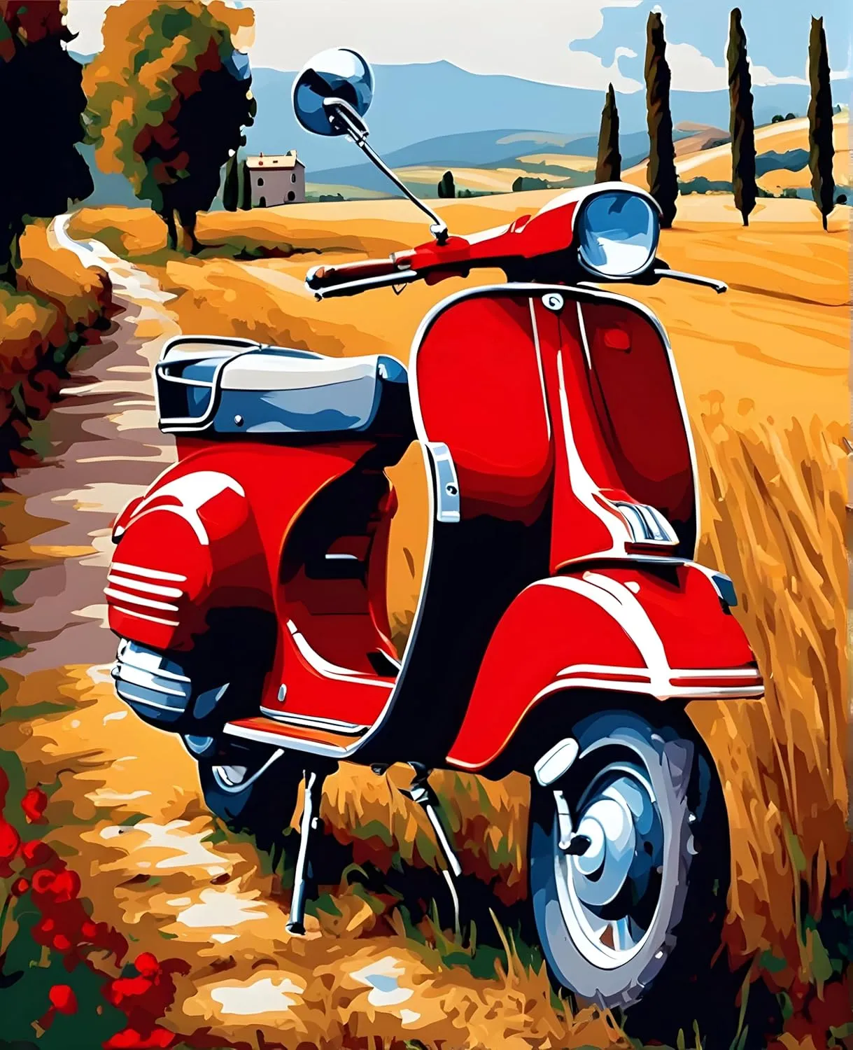 Generic Red Red Italian Scooter in Tuscany Landscape (2) - Van-Go Paint-by-Number Kit 40x50cm w/o Frame