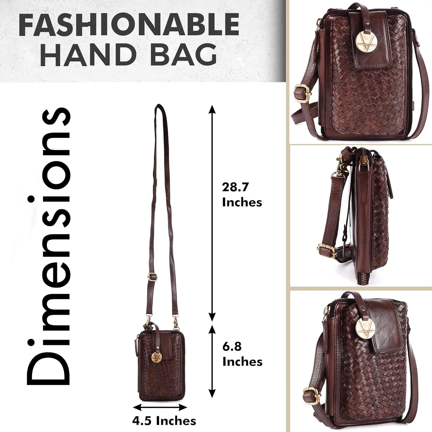 Genuine Leather Small Leather Crossbody Bags For Women Cell Phone Purse, Trendy Casual Detachable Strap