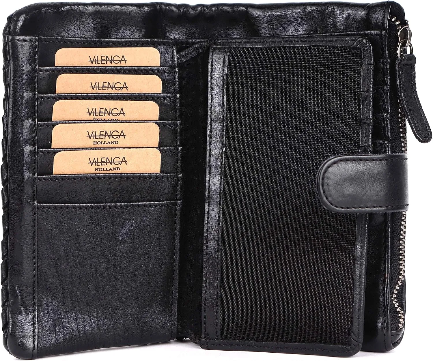 Genuine Leather Wallets for Women, Small Wallet for Ladies Zipper Coin Purse Credit Card Holder with Strap (VL-163-BLACK)