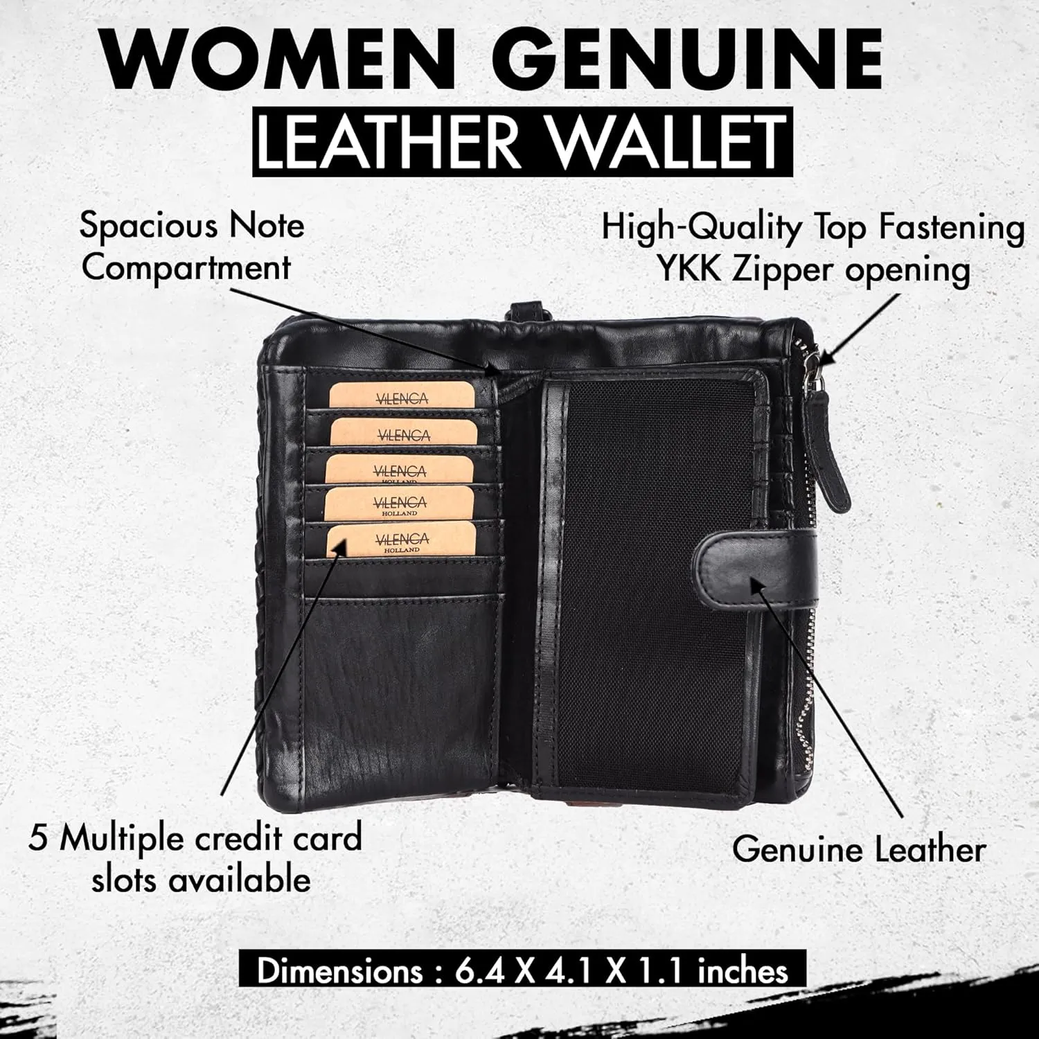 Genuine Leather Wallets for Women, Small Wallet for Ladies Zipper Coin Purse Credit Card Holder with Strap (VL-163-BLACK)