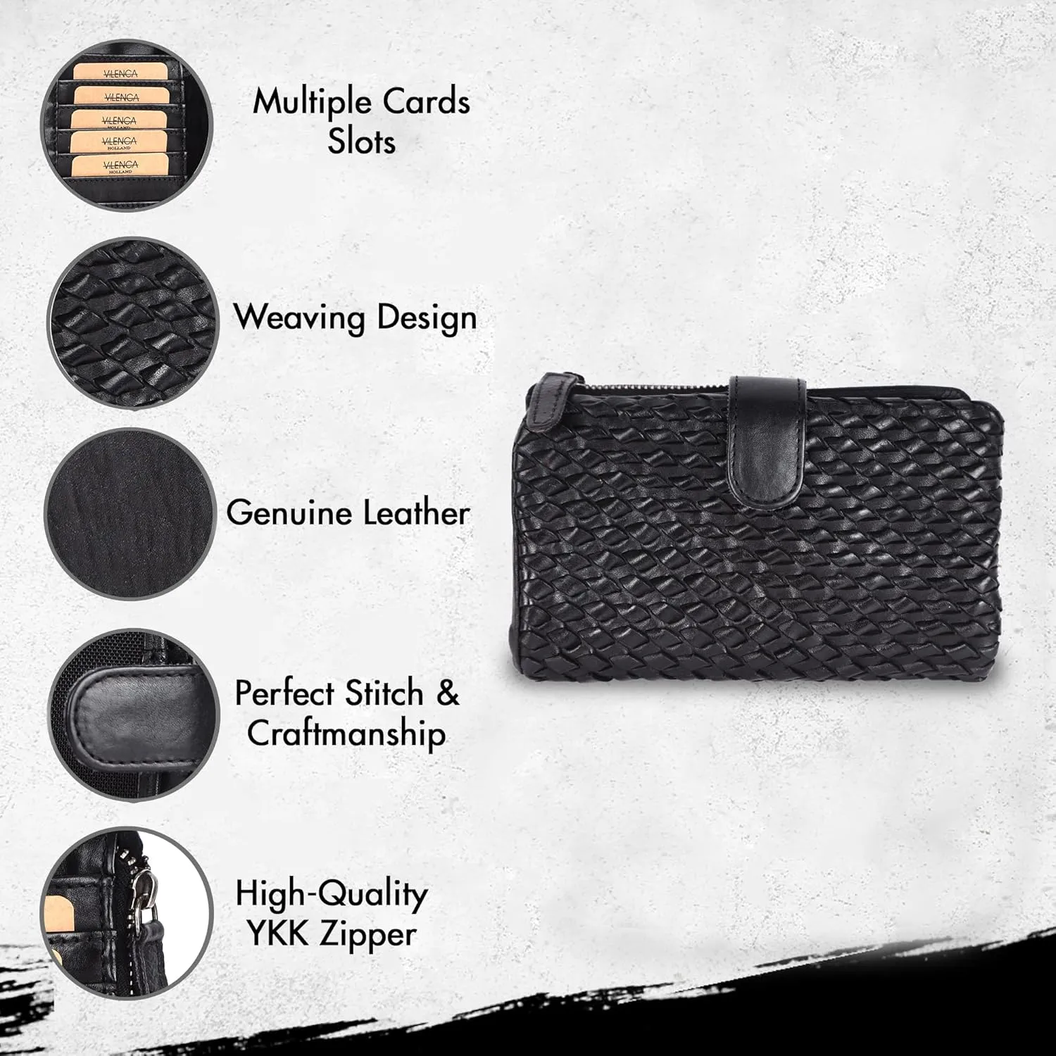 Genuine Leather Wallets for Women, Small Wallet for Ladies Zipper Coin Purse Credit Card Holder with Strap (VL-163-BLACK)