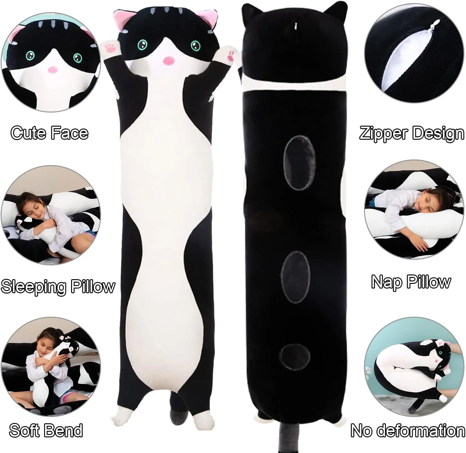 Giant Cat Pillow Plush Cartoon Kitty Sleeping Hugging Pillow, Cuddly Soft Long Kitten Body Pillow Doll Cat Cushion Toy for Kids Girlfriend (Black, 90cm/35.4inch)