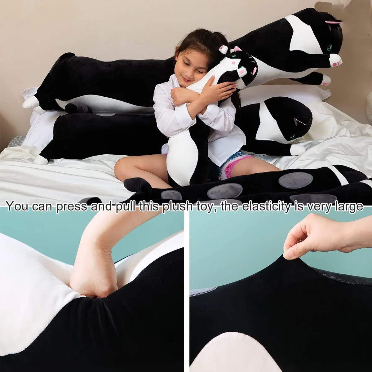 Giant Cat Pillow Plush Cartoon Kitty Sleeping Hugging Pillow, Cuddly Soft Long Kitten Body Pillow Doll Cat Cushion Toy for Kids Girlfriend (Black, 90cm/35.4inch)