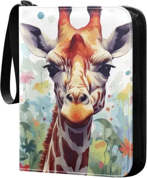 Giraffe Painting Card Binder 4 Pocket Collectible Trading Card Albums with 50 Sleeves Double Side PU Waterproof 3 Ring for Sports & Game Cards
