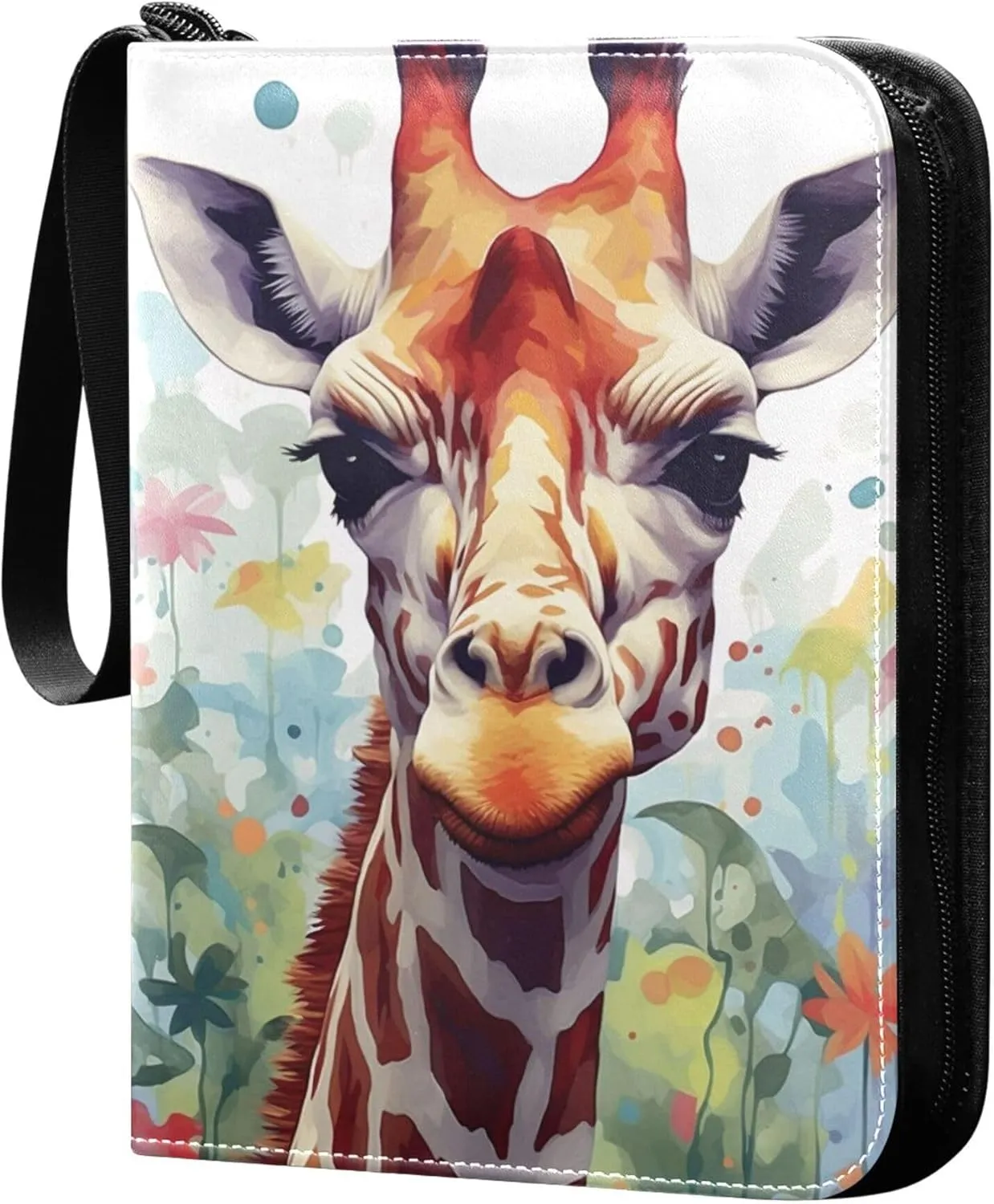 Giraffe Painting Card Binder 4 Pocket Collectible Trading Card Albums with 50 Sleeves Double Side PU Waterproof 3 Ring for Sports & Game Cards