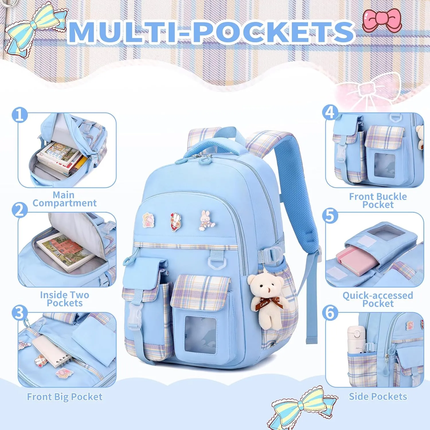 Girl School Backpacks Kids Bookbags Elementary Primary High School Cute 18inch Teen Students Book Bag (Blue)