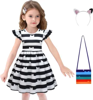 Girls' Striped Dress with Cat Ears Headband and Purse, 3-8Y