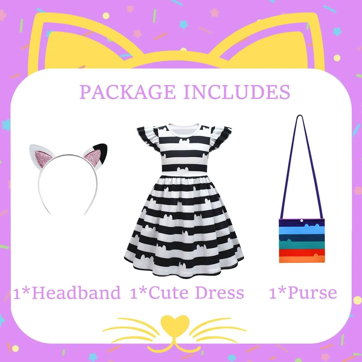 Girls' Striped Dress with Cat Ears Headband and Purse, 3-8Y