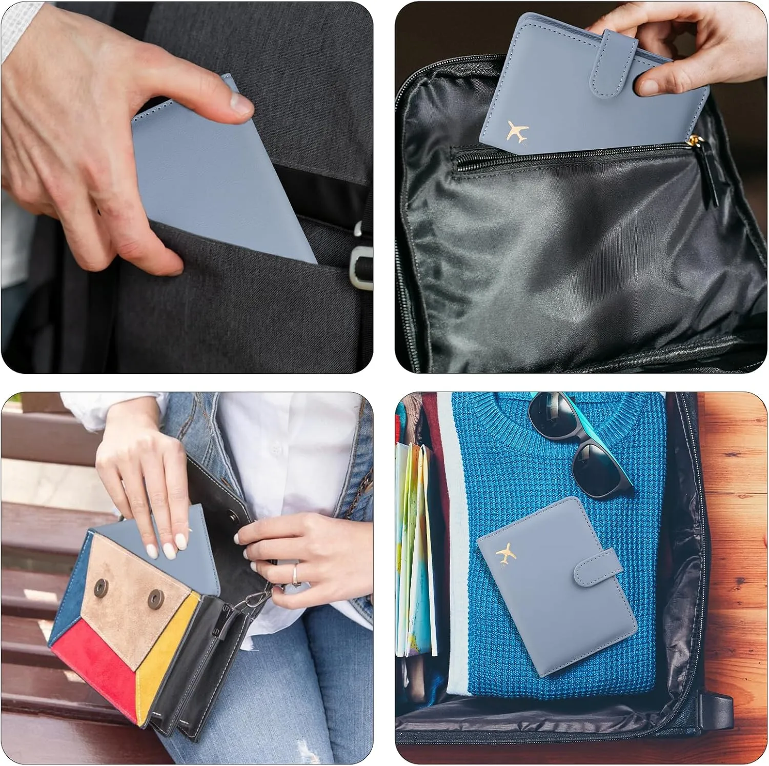GOAUS Passport Holder for Travel with Airtag Card Slots, Money Pocket, Women Men RFID Blocking Wallet Book Case Blue