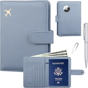 GOAUS Passport Holder for Travel with Airtag Card Slots, Money Pocket, Women Men RFID Blocking Wallet Book Case Blue