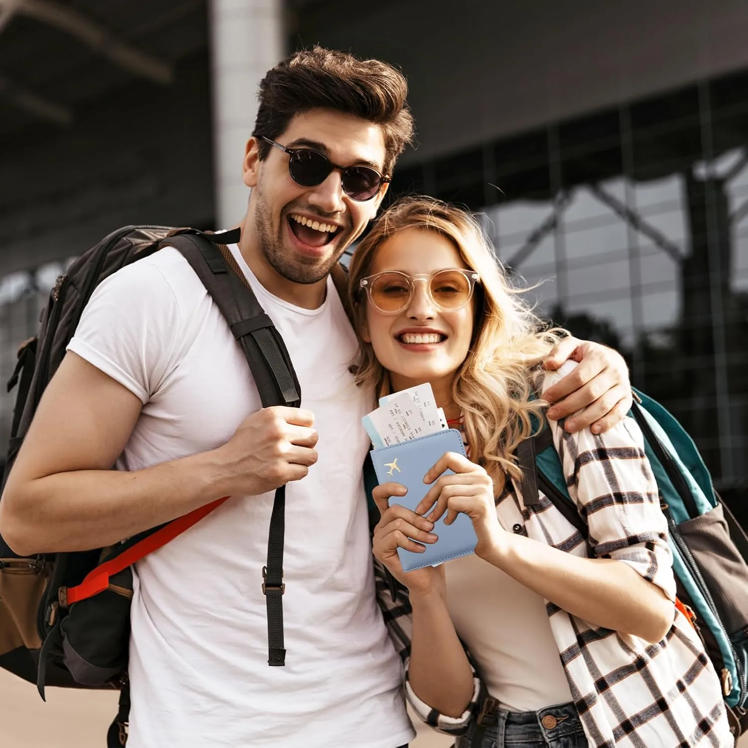 GOAUS Passport Holder for Travel with Airtag Card Slots, Money Pocket, Women Men RFID Blocking Wallet Book Case Blue