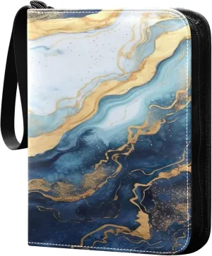 Gold Blue Marble Card Binder 4 Pocket Collectible Trading Card Albums with 50 Sleeves Double Side PU Waterproof 3 Ring for Sports & Game Cards