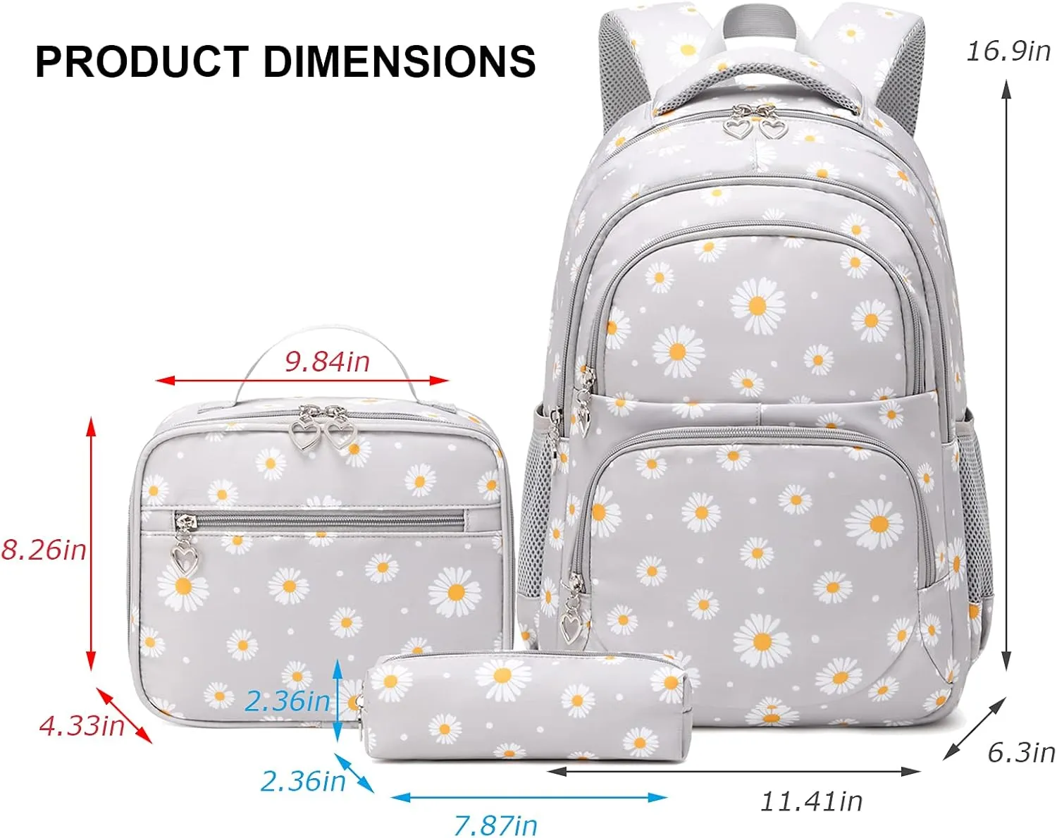 goldwheat Daisy Printed Backpacks With Lunch Pack Pencil Case 3pcs, Lightweight Water Resistant Bookbag For Middle School