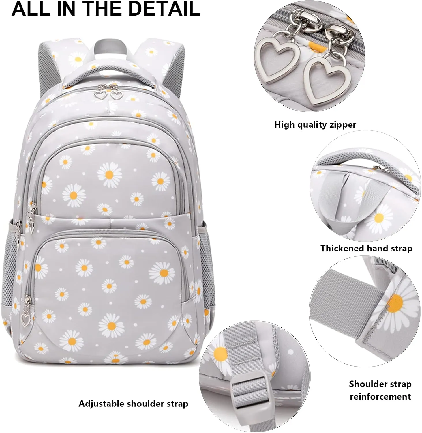goldwheat Daisy Printed Backpacks With Lunch Pack Pencil Case 3pcs, Lightweight Water Resistant Bookbag For Middle School