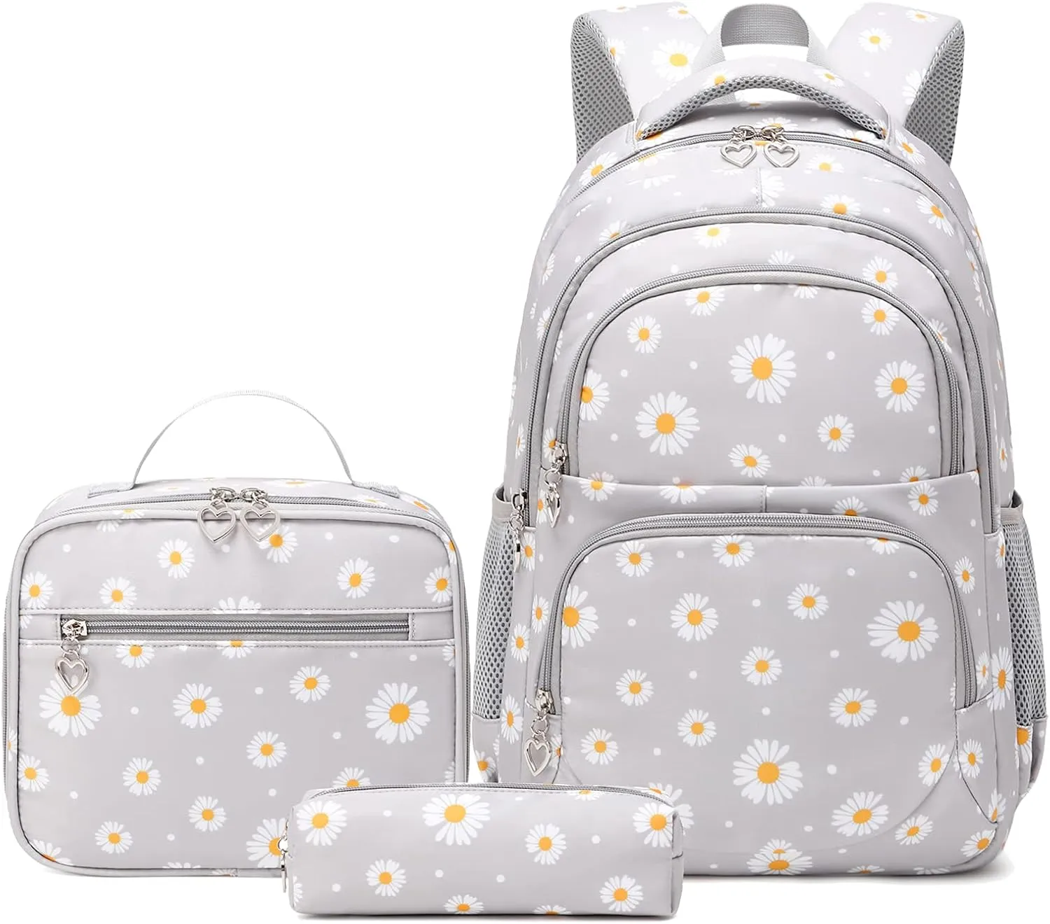 goldwheat Daisy Printed Backpacks With Lunch Pack Pencil Case 3pcs, Lightweight Water Resistant Bookbag For Middle School