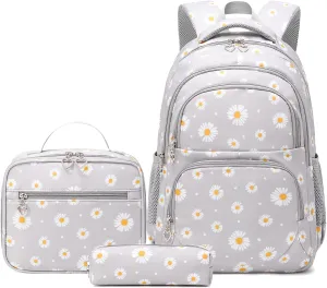 goldwheat Daisy Printed Backpacks With Lunch Pack Pencil Case 3pcs, Lightweight Water Resistant Bookbag For Middle School