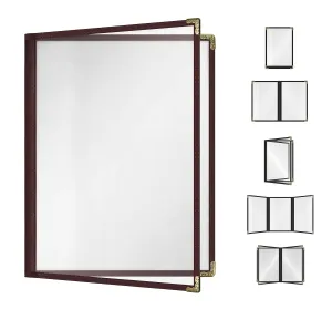 Goodsmart Restaurant Menu Covers - 25 Pack Brown 8.5" x 11", 2-Page/4-View, Side-Loading Vinyl Menu Holders, Clear Sleeves, Double-Stitched Edge, Leather-Style Café Menu Covers with Gold Corners