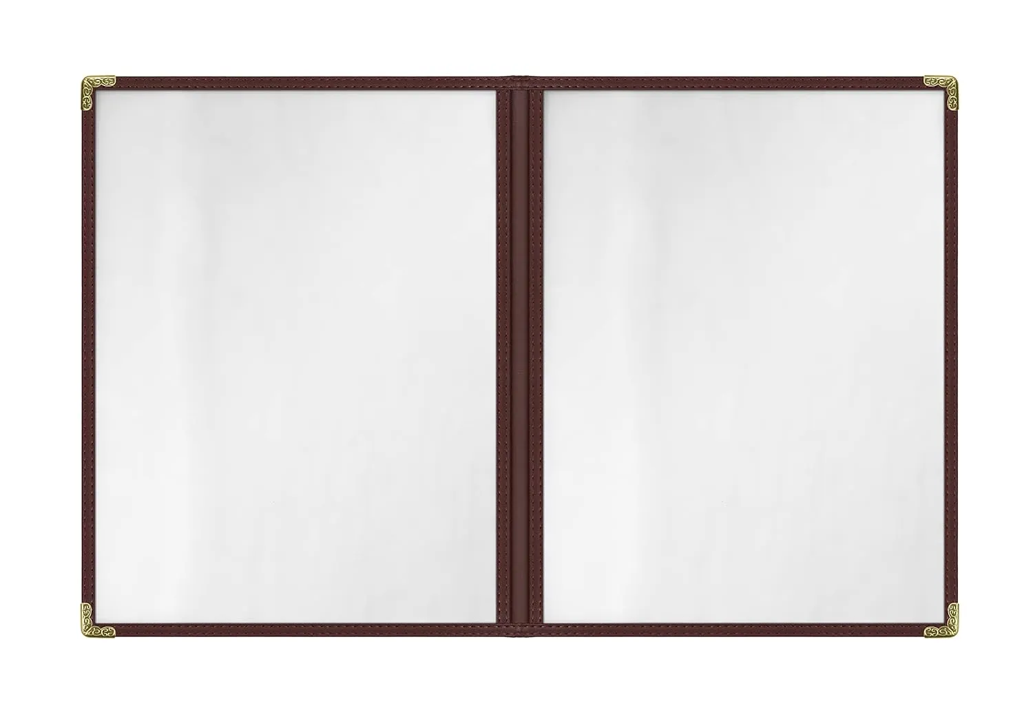 Goodsmart Restaurant Menu Covers - 25 Pack Brown 8.5" x 11", 2-Page/4-View, Side-Loading Vinyl Menu Holders, Clear Sleeves, Double-Stitched Edge, Leather-Style Café Menu Covers with Gold Corners
