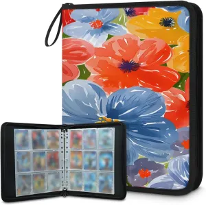 Graffiti Flowers 3 Ring Trading Zipper Binder Strap, Trading Card Binder 4 Pocket, 400 Pockets Card Holder with 50 Removable Sleeves for Game Cards