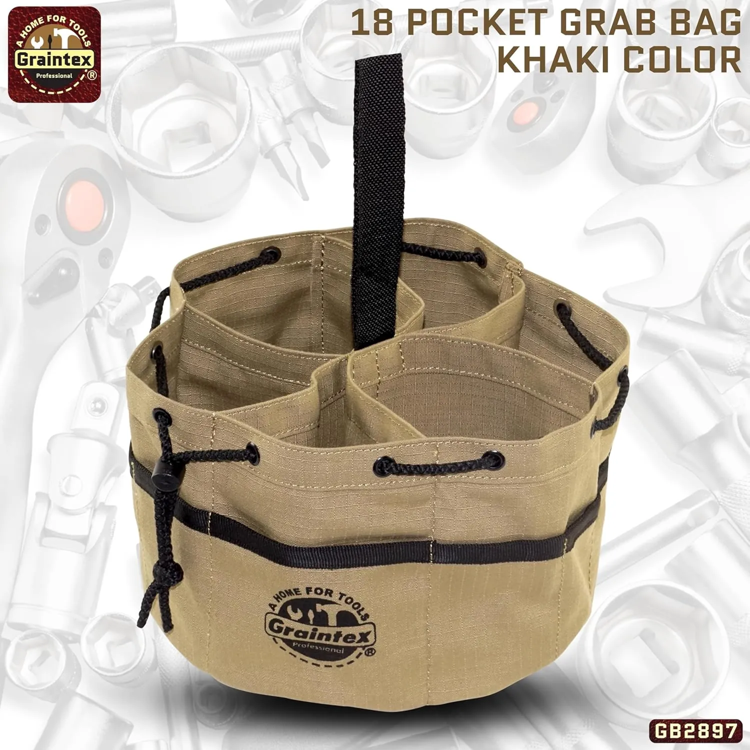 Graintex 18 Pockets Grab Bag Khaki Color Rip-stop Canvas Drawstring Closure, Small Parts Organizer, Small Tools, Screws, Parts, Parachute Tool Bag for Efficient Storage to Essential Items - GB2897