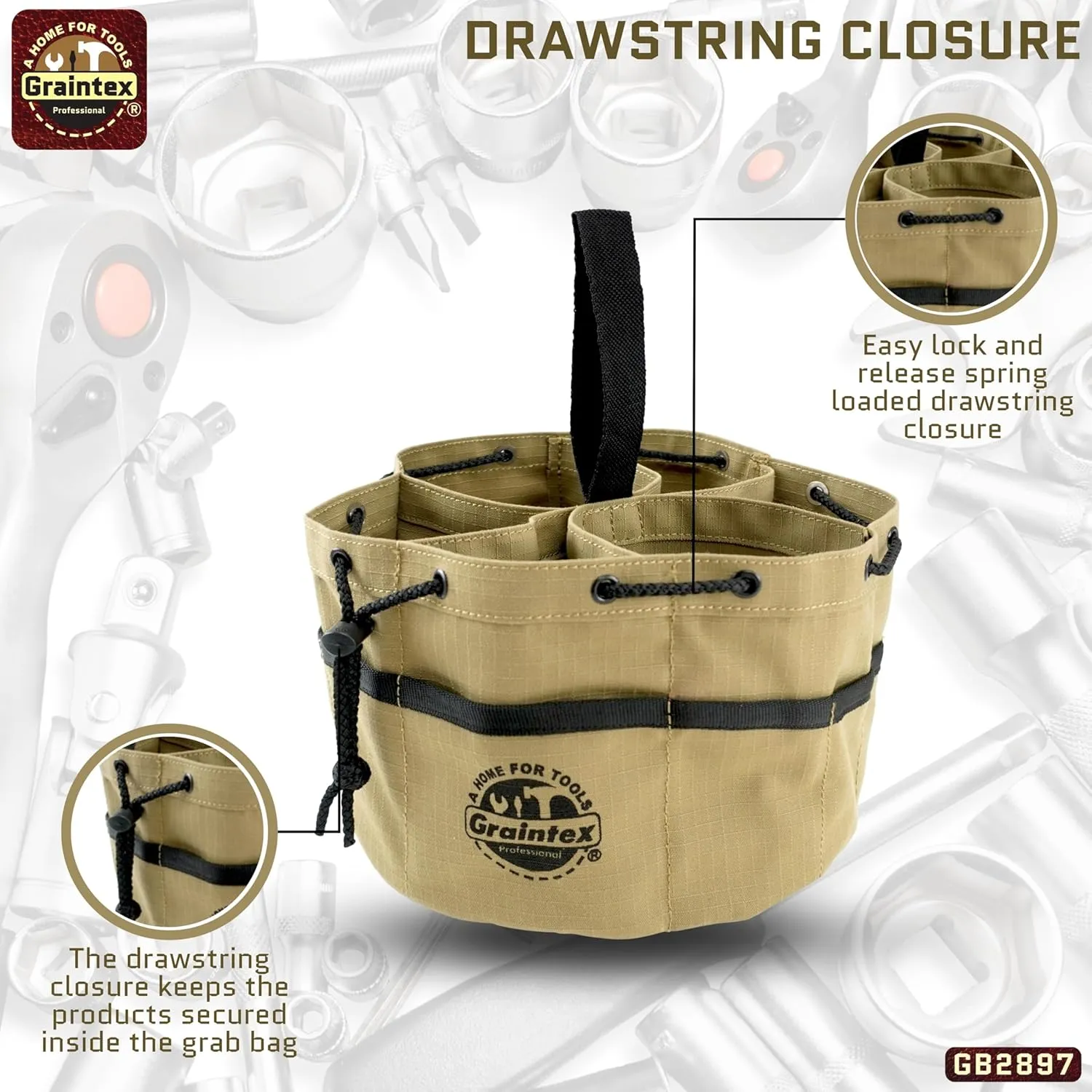 Graintex 18 Pockets Grab Bag Khaki Color Rip-stop Canvas Drawstring Closure, Small Parts Organizer, Small Tools, Screws, Parts, Parachute Tool Bag for Efficient Storage to Essential Items - GB2897