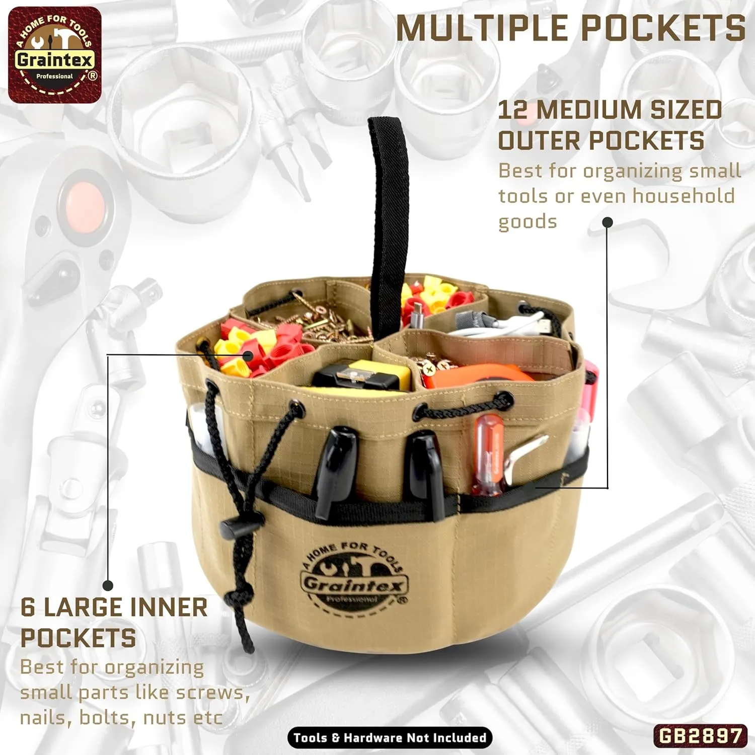 Graintex 18 Pockets Grab Bag Khaki Color Rip-stop Canvas Drawstring Closure, Small Parts Organizer, Small Tools, Screws, Parts, Parachute Tool Bag for Efficient Storage to Essential Items - GB2897
