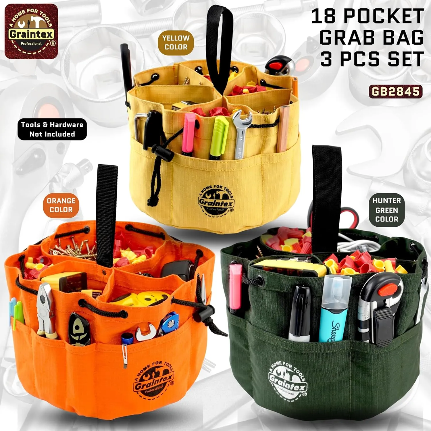 Graintex GB2845 18 Pockets Grab Bags Set of 3 Pcs Orange, Yellow and Hunter Green Color Rip-stop Canvas, Drawstring Closure, Small Parts Organizer Bag, Parachute Tool Bag, Parachute Tool Organizer