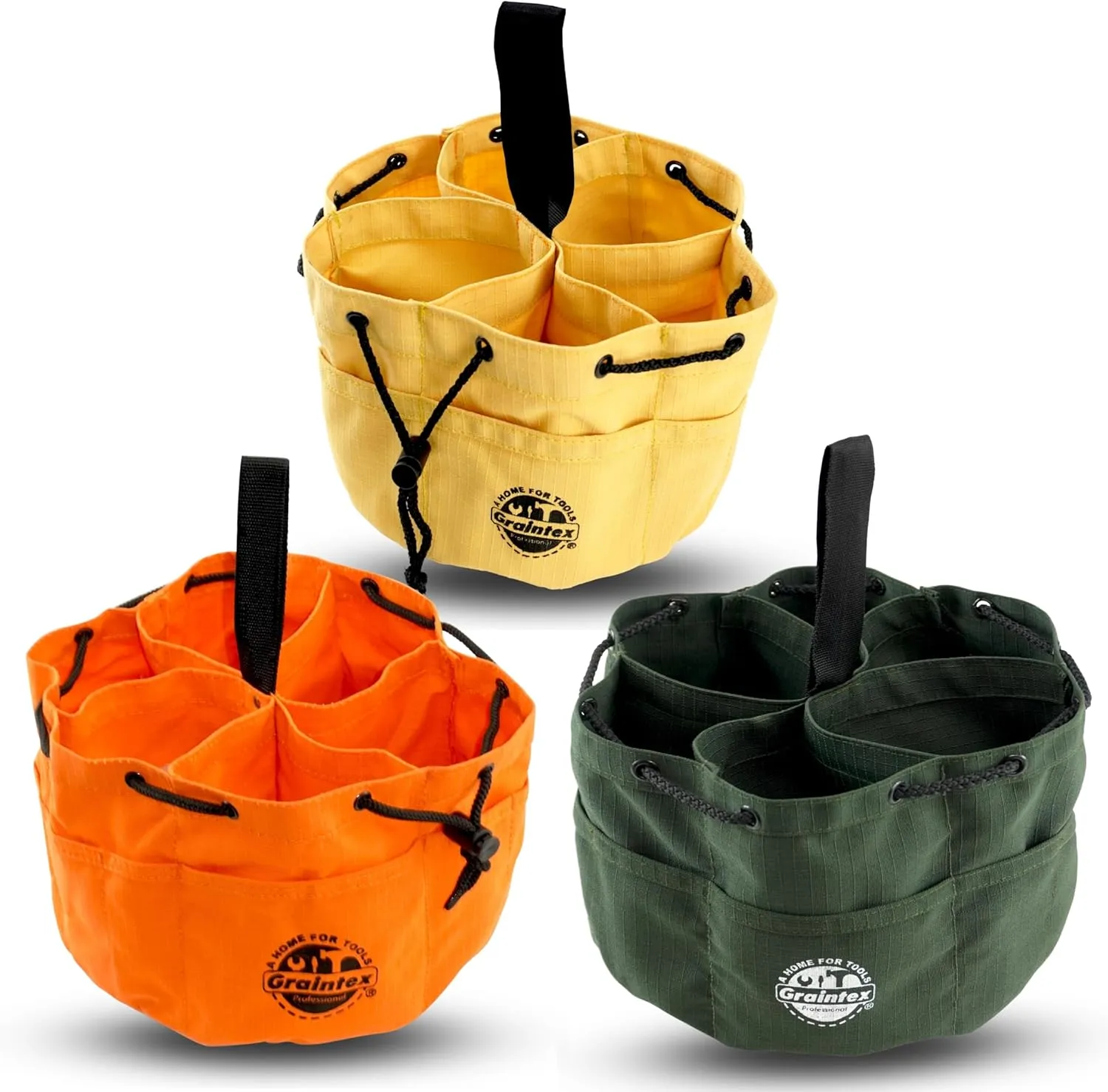 Graintex GB2845 18 Pockets Grab Bags Set of 3 Pcs Orange, Yellow and Hunter Green Color Rip-stop Canvas, Drawstring Closure, Small Parts Organizer Bag, Parachute Tool Bag, Parachute Tool Organizer