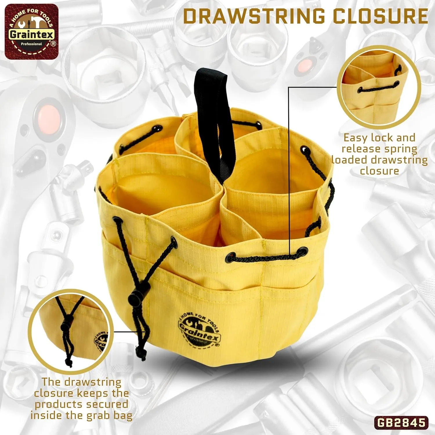 Graintex GB2845 18 Pockets Grab Bags Set of 3 Pcs Orange, Yellow and Hunter Green Color Rip-stop Canvas, Drawstring Closure, Small Parts Organizer Bag, Parachute Tool Bag, Parachute Tool Organizer