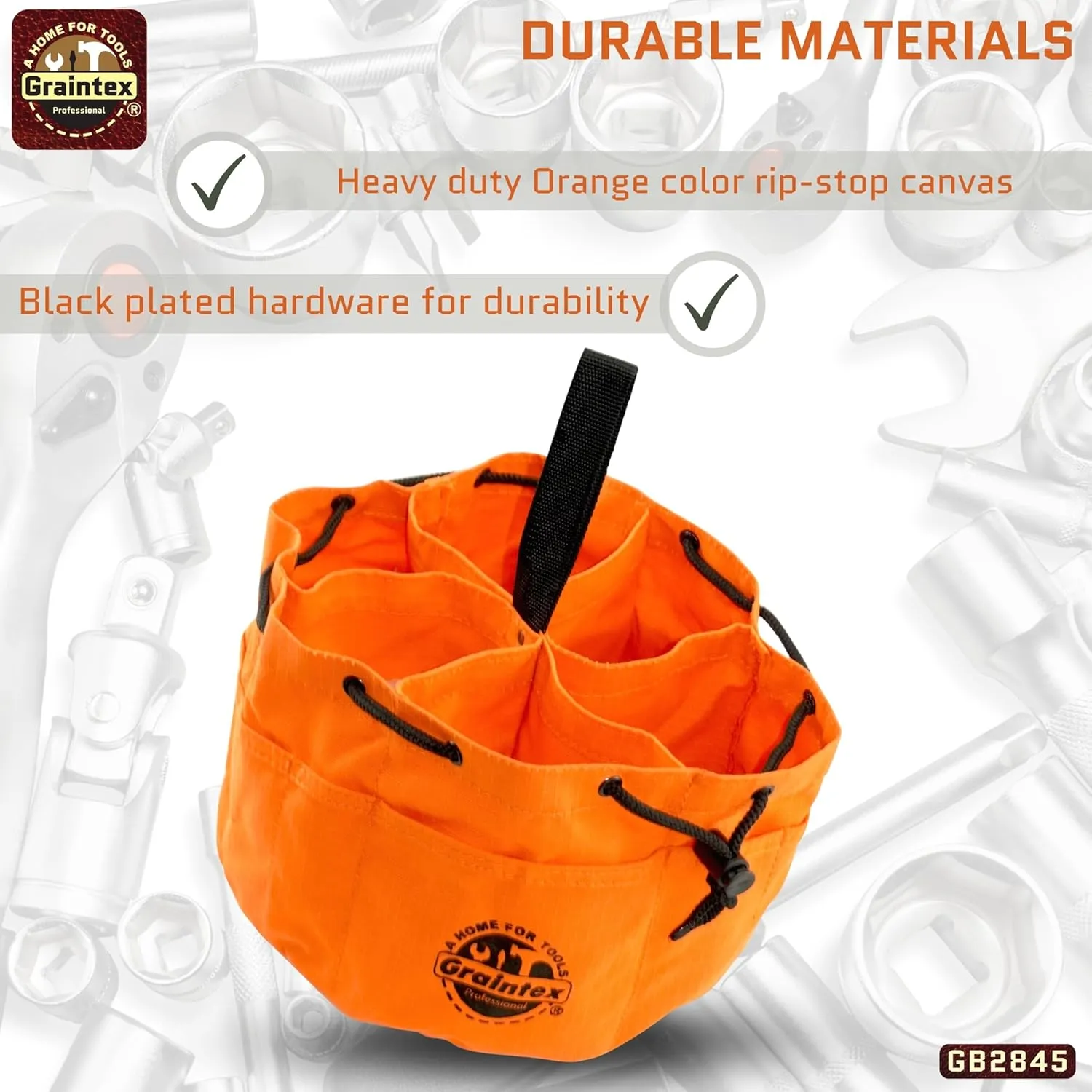 Graintex GB2845 18 Pockets Grab Bags Set of 3 Pcs Orange, Yellow and Hunter Green Color Rip-stop Canvas, Drawstring Closure, Small Parts Organizer Bag, Parachute Tool Bag, Parachute Tool Organizer