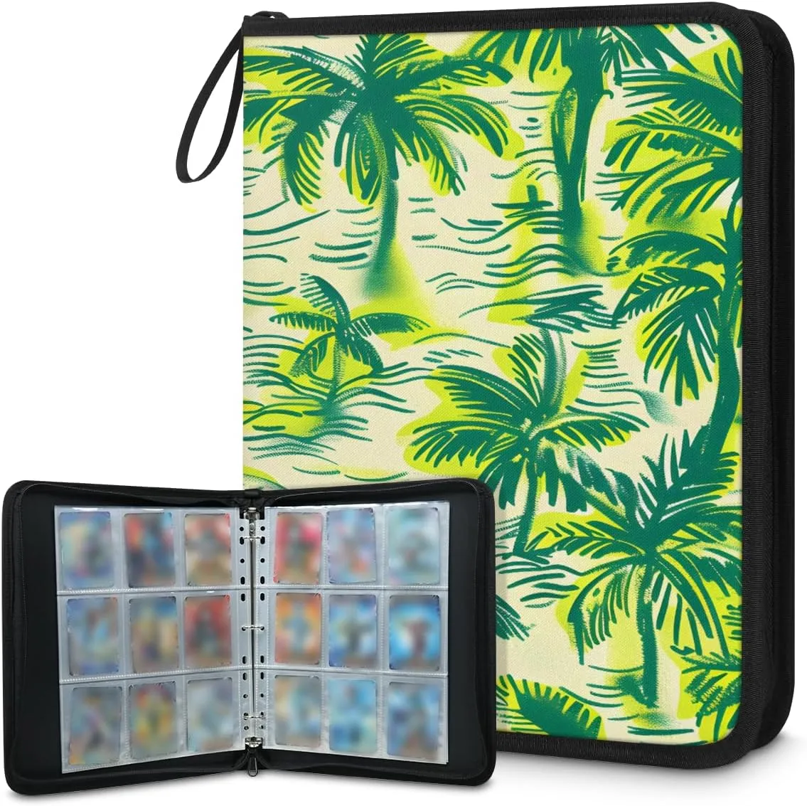 Green Coconut Trees 3 Ring Trading Zipper Binder Strap, Trading Card Binder 4 Pocket, 400 Pockets Card Holder with 50 Removable Sleeves for Game Cards