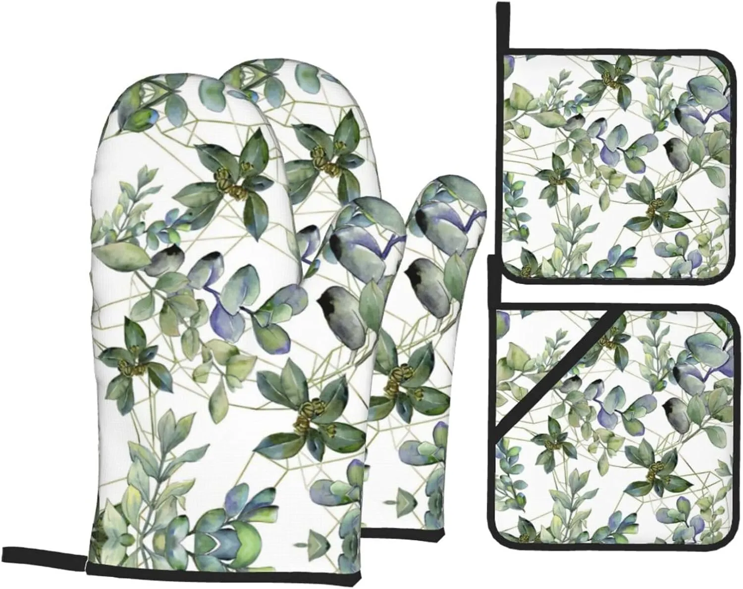 Green Eucalyptus Leaves Print Convenient Oven Mitts Pot Holders Set Duty Heat Resistant Gloves with Quilted Liner