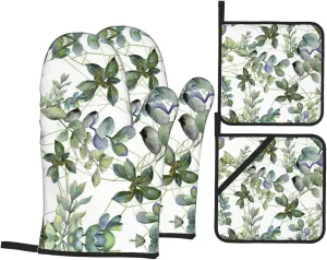 Green Eucalyptus Leaves Print Convenient Oven Mitts Pot Holders Set Duty Heat Resistant Gloves with Quilted Liner