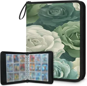 Green Roses 3 Ring Trading Zipper Binder Strap, Trading Card Binder 9 Pocket, 900 Pockets Card Holder with 50 Removable Sleeves for Game Cards