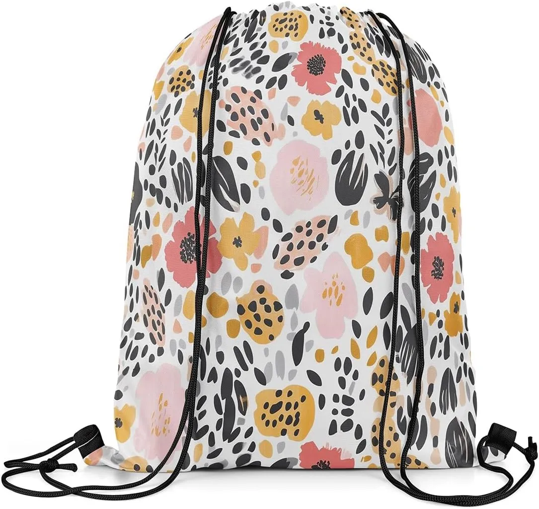 Groovy Flowers Waterproof Drawstrings Backpacks,Rustic Daisy Nature Garden Blooming Floral Bags for Shopping Travelling,Watercolor Leopard Fur Print Sackpacks Gym Swim Packs Daypack