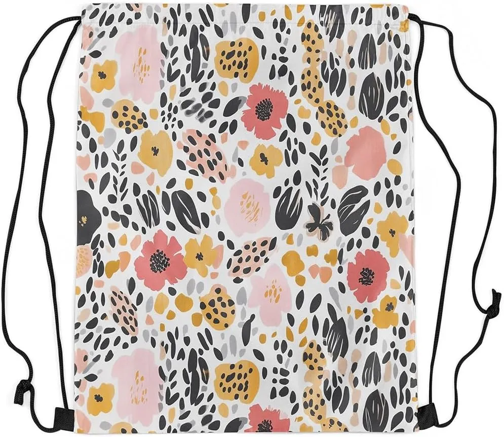 Groovy Flowers Waterproof Drawstrings Backpacks,Rustic Daisy Nature Garden Blooming Floral Bags for Shopping Travelling,Watercolor Leopard Fur Print Sackpacks Gym Swim Packs Daypack
