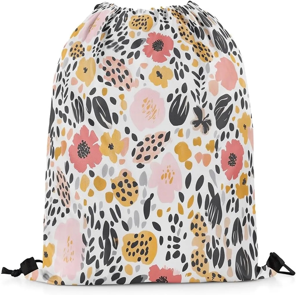 Groovy Flowers Waterproof Drawstrings Backpacks,Rustic Daisy Nature Garden Blooming Floral Bags for Shopping Travelling,Watercolor Leopard Fur Print Sackpacks Gym Swim Packs Daypack