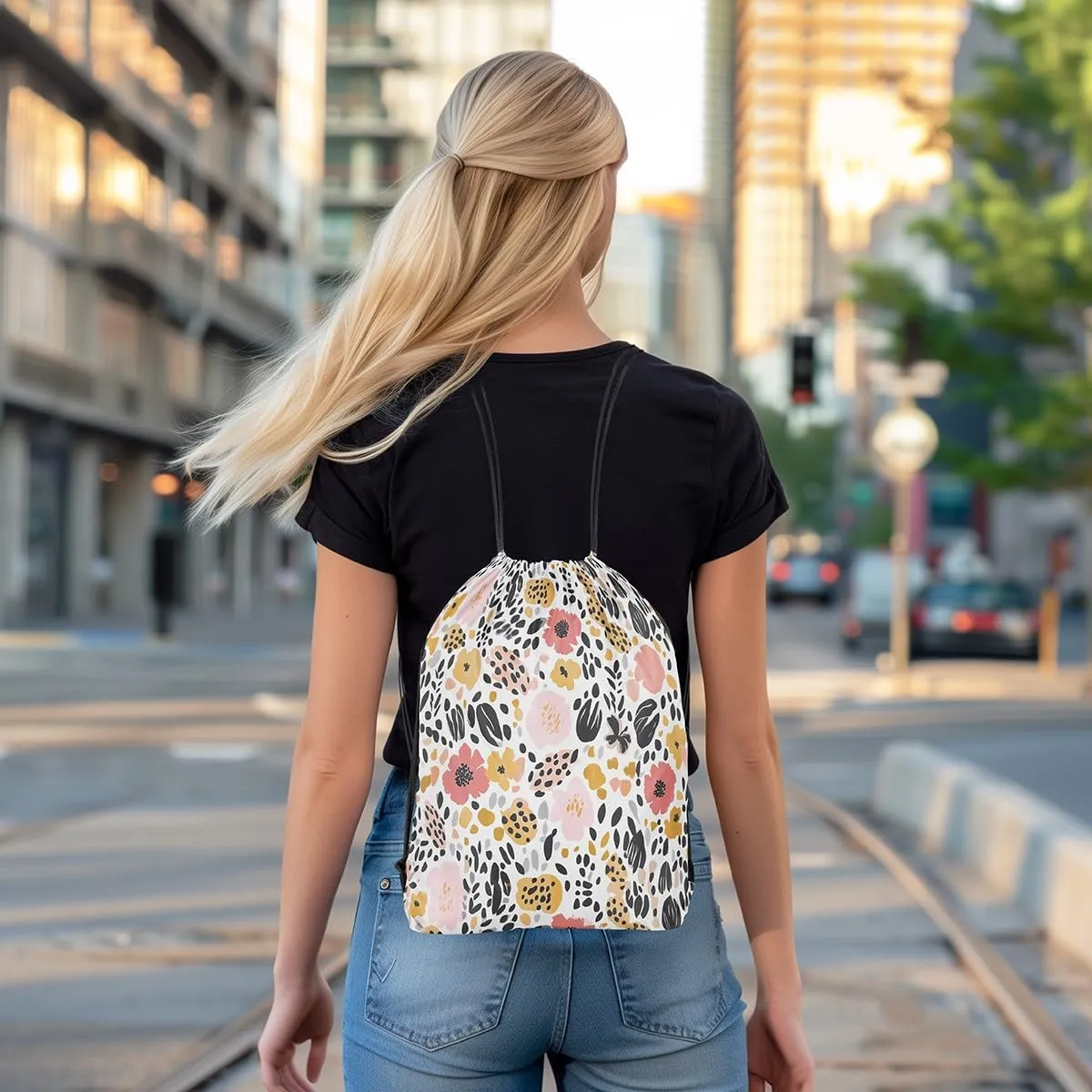Groovy Flowers Waterproof Drawstrings Backpacks,Rustic Daisy Nature Garden Blooming Floral Bags for Shopping Travelling,Watercolor Leopard Fur Print Sackpacks Gym Swim Packs Daypack
