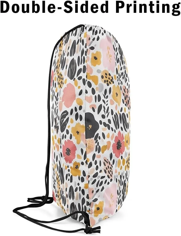 Groovy Flowers Waterproof Drawstrings Backpacks,Rustic Daisy Nature Garden Blooming Floral Bags for Shopping Travelling,Watercolor Leopard Fur Print Sackpacks Gym Swim Packs Daypack