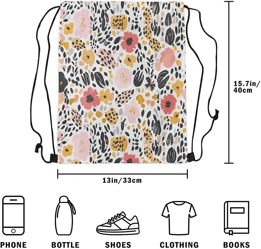 Groovy Flowers Waterproof Drawstrings Backpacks,Rustic Daisy Nature Garden Blooming Floral Bags for Shopping Travelling,Watercolor Leopard Fur Print Sackpacks Gym Swim Packs Daypack