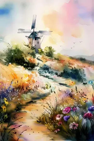 GUAIEUW DIY Windmill Diamond Painting, Watercolor Landscape with Windmill and Flowers Paint by Numbers for Beginners, Full Round Diamond Art Kits for Room Decor & Living Room Decor (12x18 inch)