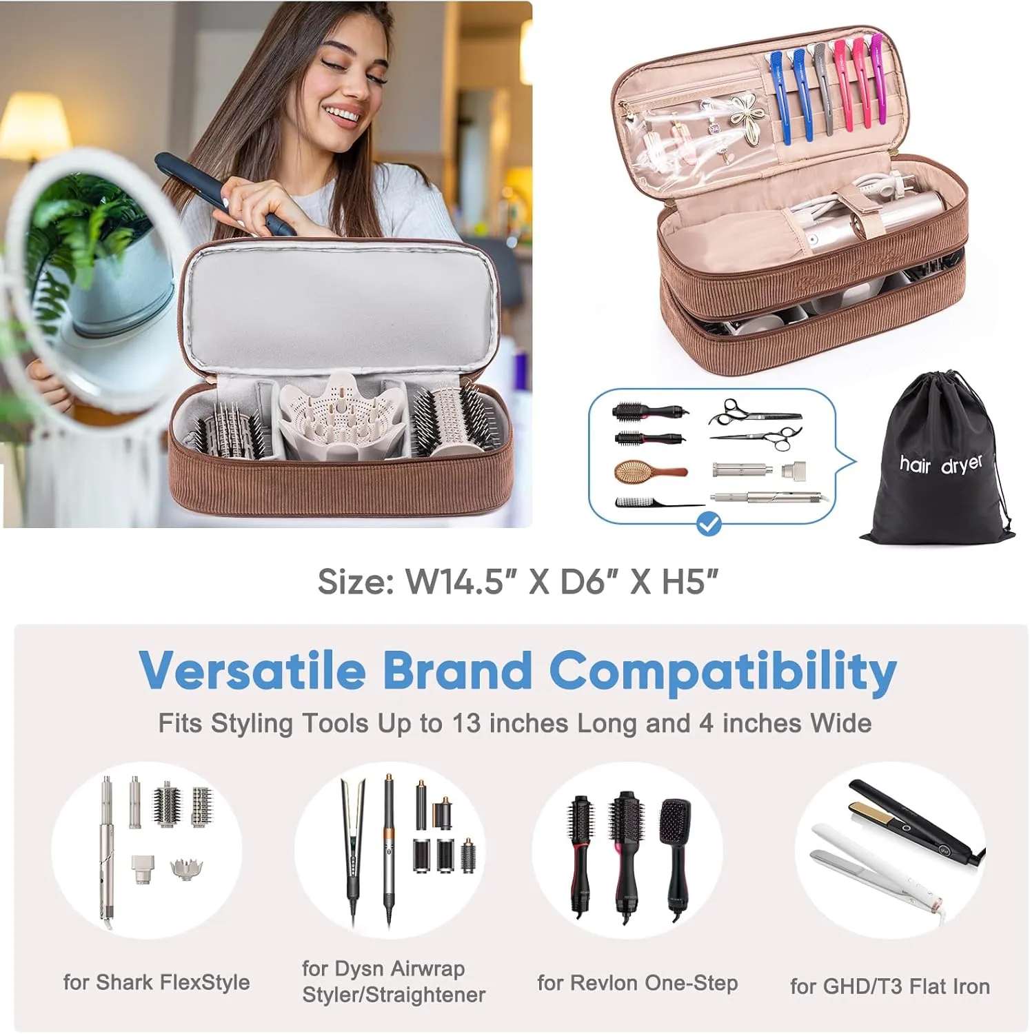 Hair Tools Travel Case with Black Hair Dryer Bag,Double-Layer Hair Tools Travel Carrying Case for Shark FlexStyle/SmoothStyle - Hair Air Wrap Dryer Case Flat Curling Iron Travel Organizer