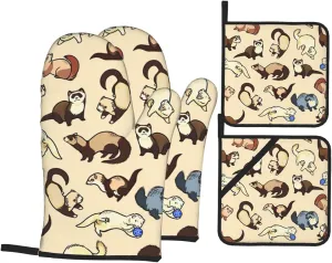 Hairy Ferret Print Convenient Oven Mitts Pot Holders Set Duty Heat Resistant Gloves with Quilted Liner
