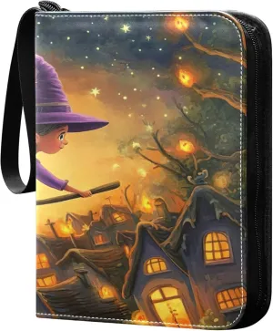 Halloween Witch Card Binder 4 Pocket Collectible Trading Card Albums with 50 Sleeves Double Side PU Waterproof 3 Ring for Sports & Game Cards