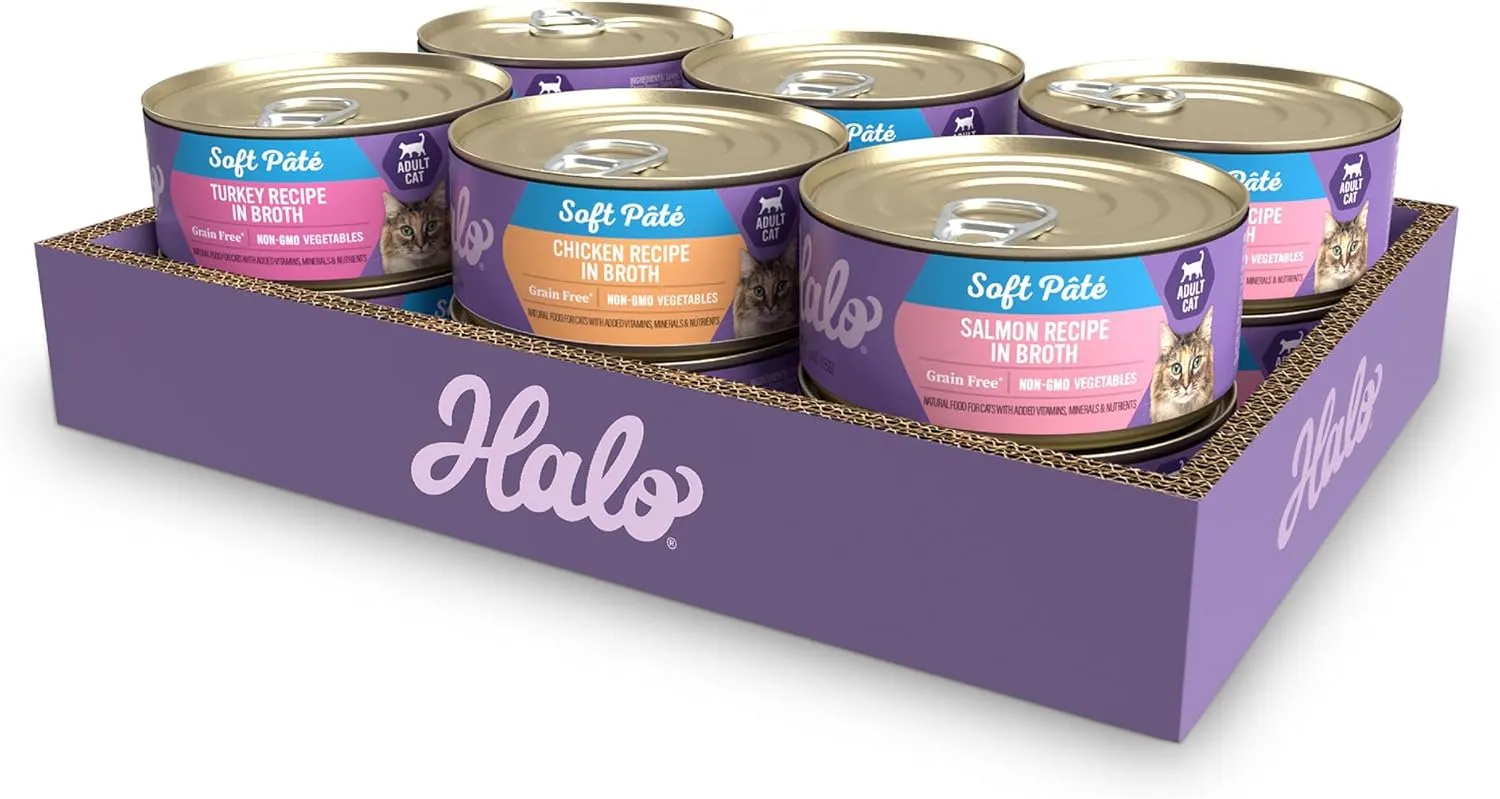 Halo Wet Cat Food Variety Pack, Grain Free Three Canned Wet Cat Pate, Chicken Stew, Salmon Stew & Turkey Stew, 5.5 Oz Can (Pack of 12)