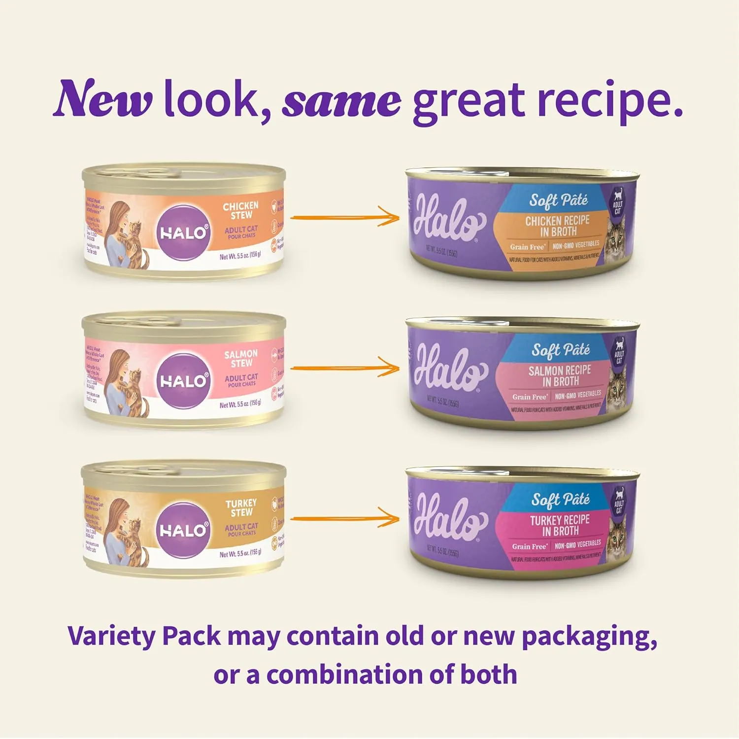 Halo Wet Cat Food Variety Pack, Grain Free Three Canned Wet Cat Pate, Chicken Stew, Salmon Stew & Turkey Stew, 5.5 Oz Can (Pack of 12)